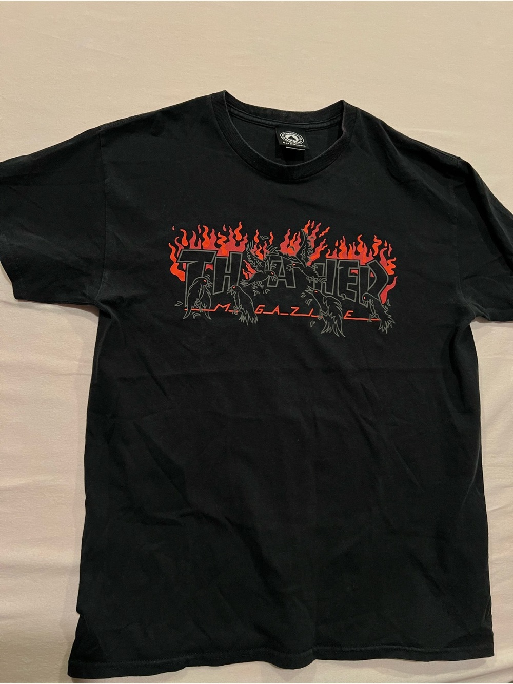 Thrasher Black Tee with Red Flame Logo